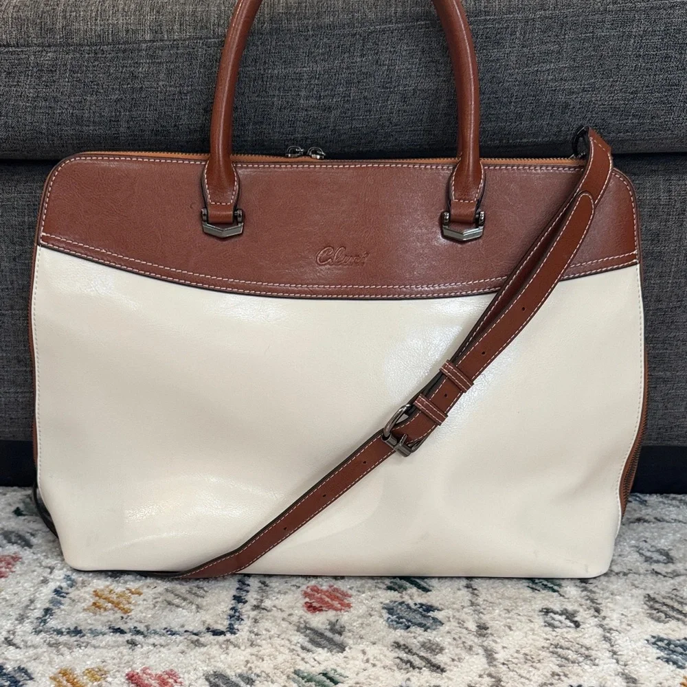 Cluci Leather Briefcase Tote Laptop Bag Brown Cream Work Satchel Structured
